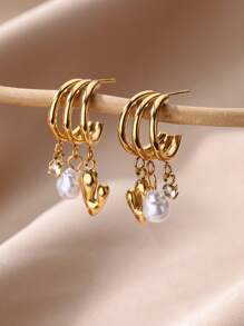 1Pair Dainty Three Layer Heart & Pearl & Zirconia Hoop Earrings For Women, Light Luxury Three-Layer Hanging Stud Earrings, Faux Pearl Cubic Zirconia Stainless Steel Stud Earrings, Ladies Jewelry Fashion Accessories, Valentine's Day Gifts, Anniversary Gifts
