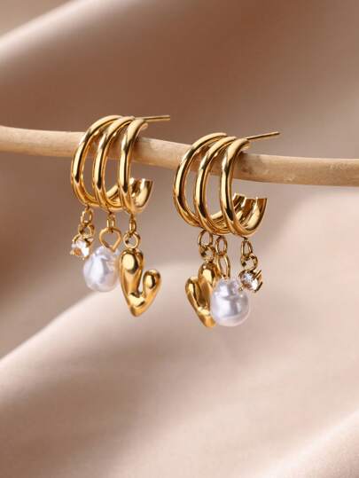 1 par de pendientes aro elegantes de tres capas con corazón, perla y zirconia para mujeres, pendientes colgantes de lujo ligero de tres capas, pendientes de perla artificial y zirconia cúbica de acero inoxidable, accesorios de moda para damas, regalos del Día de San Valentín, regalos de aniversario