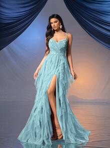 Elisanya Vestido formal de estilo hada para mujer, vestido de noche romántico para bodas, fiestas, eventos de caridad. Vestido de gala de color liso sin espalda con lentejuelas y de tul - Azul menta - Ver 6