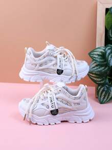 儿童白色运动鞋，厚底休闲跑鞋，适合男孩和女孩，透气运动训练鞋 - 米色 - 查看 5