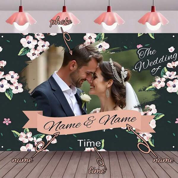 1 st. Aanpasbare Polyester Bloemen Verlovingsfeest Fotografie Achtergrond Banner Met Naam, Portret, Datum, Geschikt Voor Taarttafel, Huis, Muur, Buiten, Bewegwijzering, Decoratie