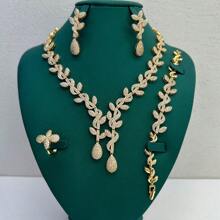4pcs Luxury Bride Jewelry Set, Includes Necklace, Earrings, Bracelet, Ring With Zirconia Stones, Suitable For Wedding Party, Mother's Day, Valentine's Day Gift