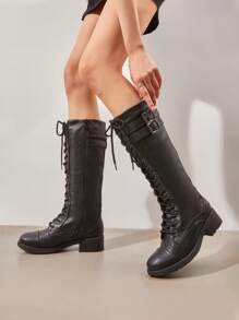 Women's Camel Faux Leather Pu Knee High Riding Combat Boots - Black - View 4