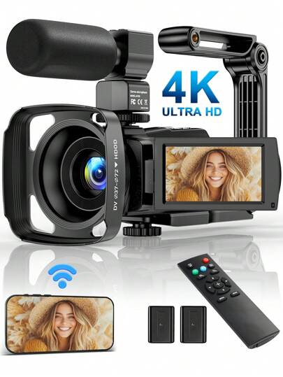 Nicamery 4K Video Camera Recorder 48MP 16x Digital Zoom With Fill Light 3.0 Inch IPS Display WIFI Transmission ULTRA HD-Compatible Output (With Microphone), Lens Cover, Stabilizer, Remote Control, 2 Sets Of Batteries