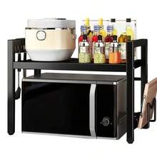 1 Set Of Space-Saving Black Metal Kitchen Storage Rack With Telescopic Rack - Multifunctional Storage Rack For Microwave, Electric Cooker, Spices, Bowls, Chopsticks And Cups - Durable, High Load Carrying Capacity, Microwave Rack, Utility Rack - 黑色 - 查看 2