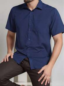 Rand paul Men's Slim Fit Short Sleeve Plain Dress Shirt With Pocket - 藏蓝色 - 查看 3