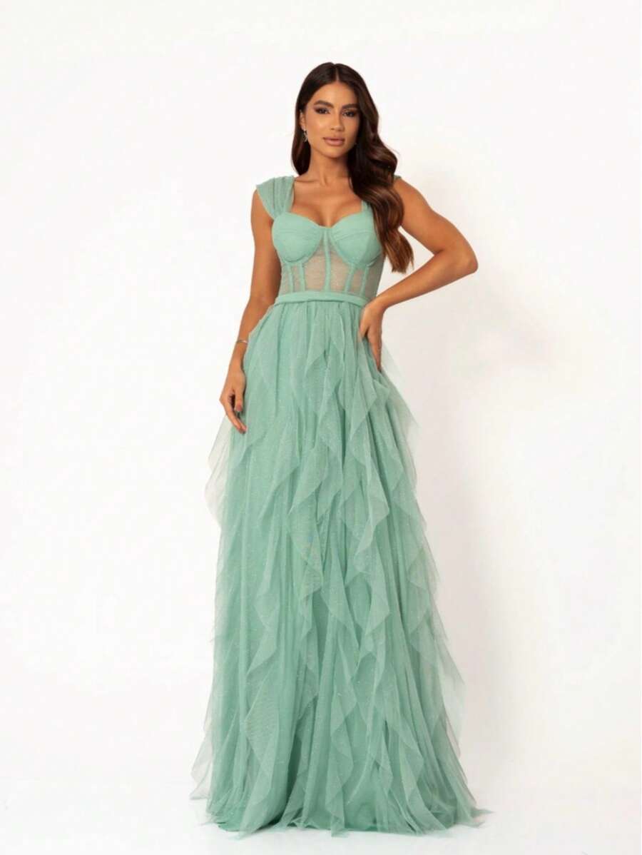 Dress For Weddings And Events With Corset And Flared Skirt. - Mint Green - View 1
