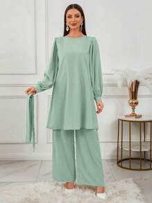 女士纯色圆领长袖上衣和裤子阿拉伯套装、情人节女士套装、Fairycore、女士长袍套装优雅、朴素套装、度假装