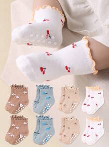 8 双可爱的女婴袜子，带木耳花边。这些是弹性踝袜，带有褶皱花边和樱花提花图案。带抓地力的婴儿袜 - 彩色 - 查看 1
