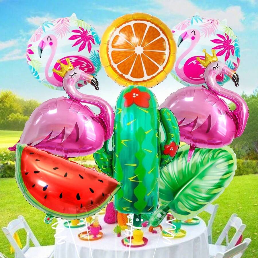 8 件/套热带气球套装，夏威夷派对装饰，包括火烈鸟、西瓜、仙人掌、橙子、棕榈叶铝箔气球，适用于夏威夷派对、夏季夏威夷宴会生日派对、海滩泳池派对装饰、火烈鸟主题装饰