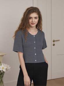 Women's Solid Color Cardigan Short Sleeve Round Neck Button Down Sweater Knit Tops - Dark Grey - View 3