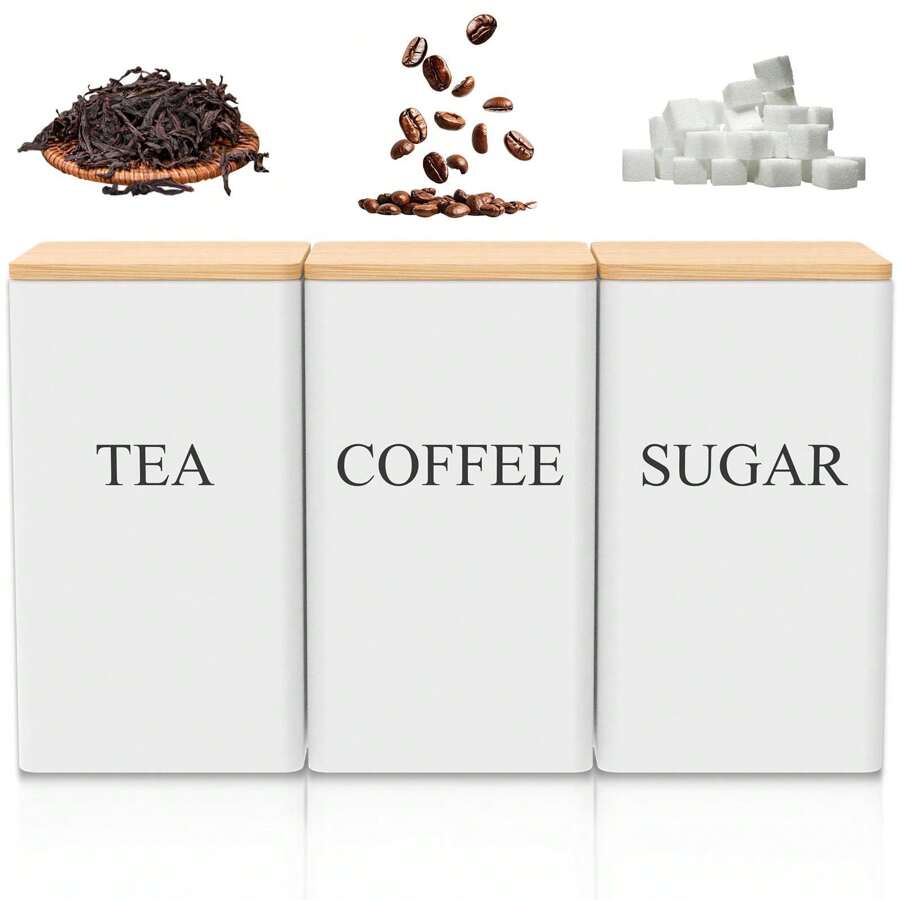 1 Set/3pcs Set High-Quality Iron Coffee Canister, White/Black, For Storing Coffee Beans, Tea Leaves, Sugar, Iron Storage Containers With Wooden Lid, Suitable For Restaurant, Kitchen, Living Room - 白色 - 查看 1