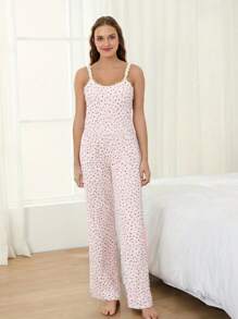 Women's Summer Loungewear Set Floral Print Lace Trim Tank Tops With Elastic Waist Pants Sleepwear