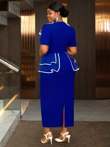 Plus Size Long Blue Dresses Asymmetrical Ruffles White Color Blocking Peplum Belly Hide Curve Party Wedding Guest Cocktail Dress - Blue - View 3