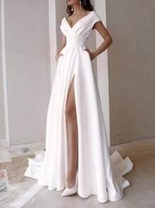Vestido elegante sin mangas con cuello en V y volantes, vestidos de fiesta elegantes, blusas elegantes dama, vestidos de noche elegantes, vestido largo sexy sin espalda. - Blanco - Ver 2