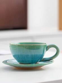 1pc 170ml Ceramic Coffee Cup & Saucer Set, Reactive Glaze Creative European Style Coffee Mug, Vintage Latte, Espresso, Breakfast Cup Back To School