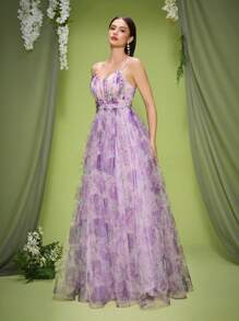 Mgiacy, Hàng mới về, Áo ba lỗ, Lãng mạn, Lưới, In, Tím nhạt, Váy phù dâu, Nhún nhún, Váy dài - Màu tím - Xem 4