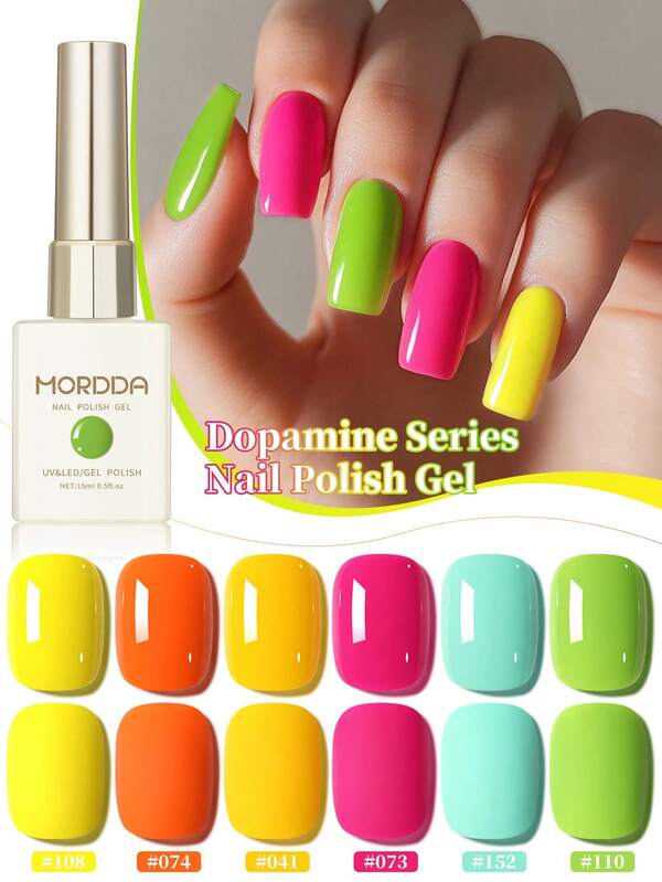 MORDDA 6Pcs 15ml Dopamine Yellow Pink Color Long-Lasting, High-Shine Gel Nail Polish 6Colors Set For Salon-Quality Results At Home For Spring And Summer