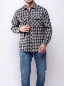 Men's Long Sleeve Plaid Flannel Shirt - Grey - View 3