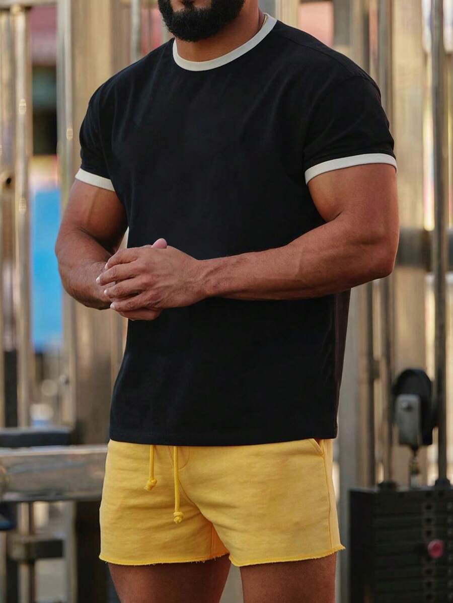 Men's Spring And Summer Sports, Running, Fitness, Outdoor, Casual Daily Wear Color-Blocked Patchwork Short-Sleeve Black T-Shirt - Black - View 1