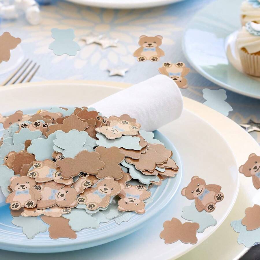 300 cái/gói Bông giấy hình gấu bông cho bé, Thích hợp cho tiệc tiết lộ giới tính, Tiệc gấu bông, Trang trí bàn tiệc sinh nhật, 0,98 inch (Xanh lam, Nâu)
