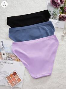 paquete de 3 bragas sin costuras de color liso con corte en V para mujeres