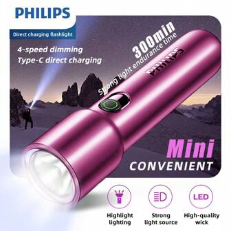PHILIPS 1 件装强光 LED 手电筒家用小型手电筒，带 4 种照明模式，粉色/红色手电筒 USB 可充电，多功能户外便携式照明应急灯，适用于露营、徒步旅行、家庭使用、遛狗、运动、阅读、感恩节、圣诞节礼物