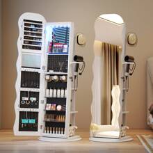 Vlsrka 360° Swivel Jewelry Aromire With Wavy Mirror, Lockable Jewelry Organizer Mirror Full Length, Rotatable Standing Mirror With Storage, Jewelry Cabinet, Interior Mirror, Flodable Shef - White - View 11