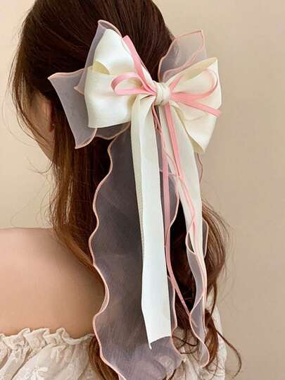 1pc Elegant Bowknot Mesh Veil Hair Clip, Gorgeous Spring Clip For Daily Wear & Party, School Stuff, College, Bows, Cute