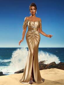 Vestido de fiesta formal de mujer con hombros descubiertos, drapeado y bajo de sirena con decoración de lazo, vestido de invitada de boda, vestido de noche, vestido de gala - Champán - Ver 1