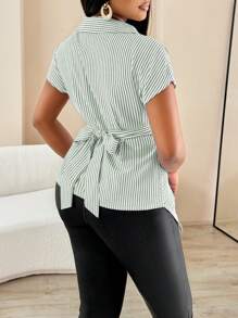 AIJ Women's Summer Striped Print Button Front Shirt, Asymmetric Hem, Batwing Short Sleeves, Wrap Style Blouse, Elegant, Suitable For Autumn, Commuting, Casual Outings - Green - View 2