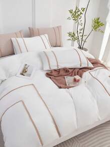 3pcs Synthetic Washed Cotton Beige Mini Pom Pom Duvet Cover Set, 1 Duvet Cover 2 Pillow Shams, Bedding Set