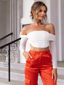 Sexxy Off-The-Shoulder; Elegant Design Sense Asymmetrical Slim-Fitting Slimming Off-Shoulder Long-Sleeved Top - White - View 1