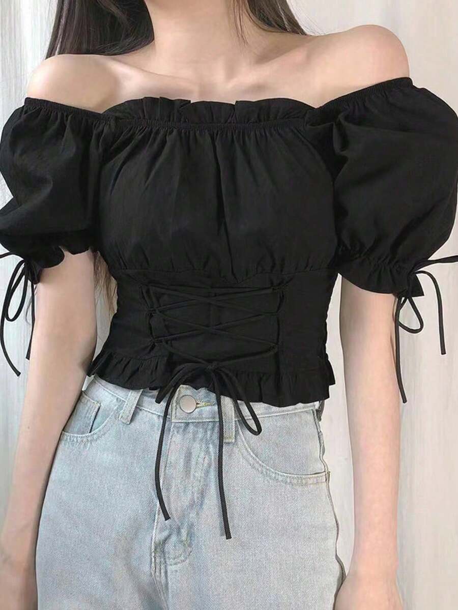 2025 Summer Women's Casual Solid Color Cross Drawstring Puff Sleeve Square Collar Blouse , Off Shoulder Top