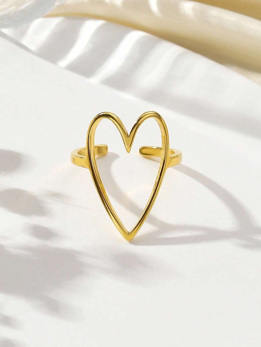 1pc Stainless Steel Heart-Shaped Gold Color Ring, Suitable For Everyday Wear - Gold - View 1