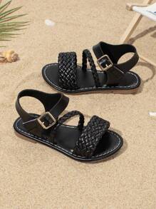 Summer Kids Woven Strap Sandals, Casual & Fashionable, Boys & Girls Flat Beach Shoes Suitable For Daily, Holiday And Travel - Black - View 4