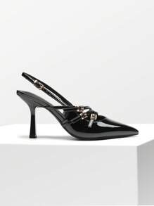 Women's Kitten Heel Slingback Pumps - Pointed Toe Buckle Strap Elegant Heels For Wedding, Party & Dress Occasions - màu đen - Xem 5