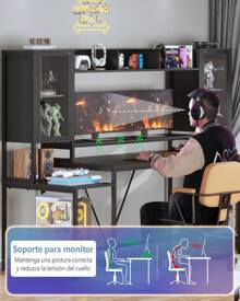 190cm Gaming Desk For PC With Lights, Power Outlets, Shelves - Black - View 7