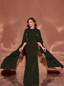 长款纯色圆领荷叶边袖修身及地优雅连衣裙，正式，派对礼服，晚礼服，适合晚会，婚礼宾客
