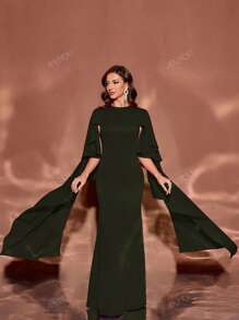 Vestido largo de unicolor con cuello redondo, mangas con volantes, ajustado y hasta el suelo, elegante, vestido formal, de fiesta, vestido de noche, para invitados de boda