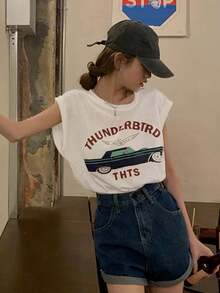 纯色字母印花圆领无袖上衣，宽松休闲女式T恤，春夏