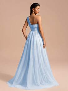 Elegant Long Mesh Shoulder Design Bridesmaid Dress Wedding Formal Gown - Baby Blue - View 2