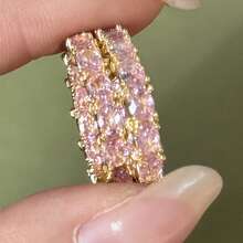 2 件粉红钻石耳环，粉色大环耳环，铜方晶锆石钻石耳钉，高端华丽耳环 - 圈圈 - 查看 3