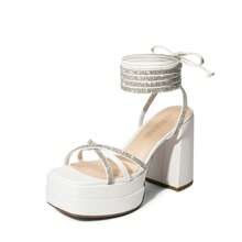 Women Lace Up Platform Heeled Sandals With Rhinestone Decor Fashion Y2K Style Strappy Chunky High Heeled Sandals For Party Date Prom - 白色 - 查看 4