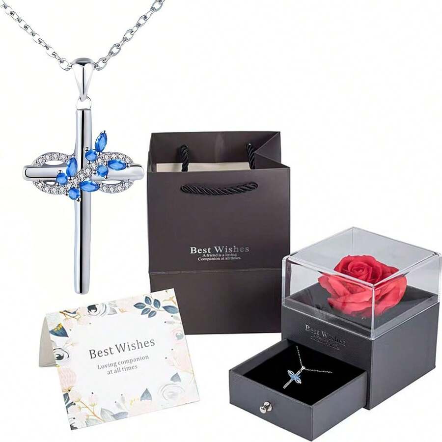 Red And Blue Butterfly Pendant Necklace, Paired With A Red Soap Rose Gift Box, Suitable For Valentine's Day, Mother's Day, Anniversaries To Give To Girlfriends, Mothers, Classmates, Yourself, And Your Favorite One