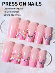 Eleva tu estilo con 24 piezas/set de uñas postizas cuadradas de color rosa con diseño de moño 3D con cristales, incluye 1 pieza de pegamento de gel y 1 pieza de lima de uñas, adecuado como regalo para mujeres y niñas