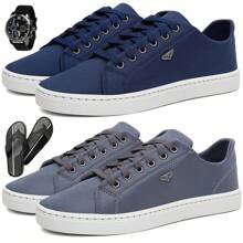 Kit 2 Tênis Sapatenis Masculino Casual Dia a Dia + Relógio de Ponteiros e Chinelo de Dedo - Azul e Chumbo - Visão 1