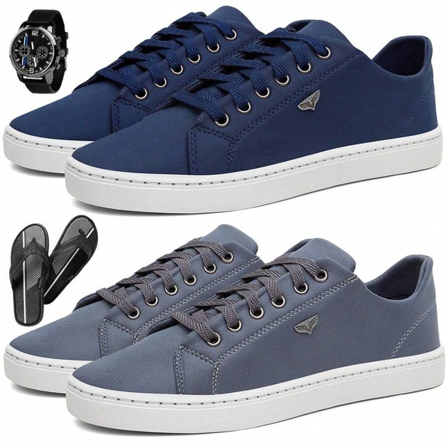 Kit 2 Tênis Sapatenis Masculino Casual Dia a Dia + Relógio de Ponteiros e Chinelo de Dedo - Azul e Chumbo - Visão 1