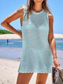 Womens Swimsuit Cover Up Sleeveless Knit 2025 Summer Outfits Swimwear Bathing Suit Coverup Crochet Backless Hollow-Out  Beach Dress - Màu xanh nhạt - Xem 4