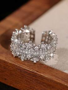 1 件新娘欧美风格精致全方晶锆石花形戒指，适合华丽节日订婚派对珠宝礼物 - 白色 - 查看 7